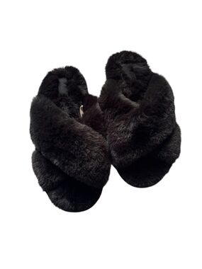 PINK Victoria's Secret Black Faux Fur Crisscross Slide Slippers NWOT